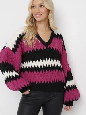 Zdjęcie produktu Fuksjowy Sweter Oversize z Ozdobnym Wzorem Dzianiny Mexio