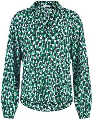 Zdjęcie produktu GERRY WEBER Damski Bluzka z długim rękawem z detalem w postaci plisy 66cm długie w serek Zielony W kropki