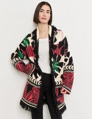 Zdjęcie produktu GERRY WEBER Damski Długi sweter z wystrzępionym brzegiem i żakardowym wzorem 78cm długie w serek Multicolor Wzorzysty