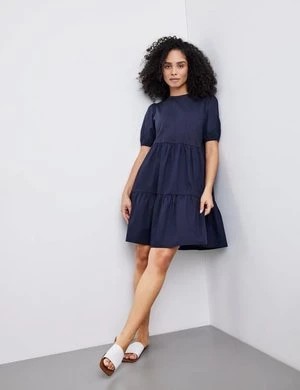 Zdjęcie produktu GERRY WEBER Damski Sukienka bawełniana z warstwową spódnicą Półrękawek Okrągły Niebieski Jednokolorowy