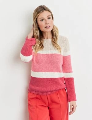Zdjęcie produktu GERRY WEBER Damski Sweter z fakturalnej dzianiny w bloki kolorów 58cm długie Okrągły Różowy W paski