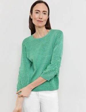 Zdjęcie produktu GERRY WEBER Damski Sweter z frędzlami i rękawem 3/4 z fr 58cm Okrągły Zielony Jednokolorowy