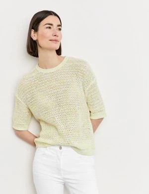 Zdjęcie produktu GERRY WEBER Damski Sweter z półrękawkiem z ażurowej dzianiny 52cm krótkie Okrągły Żółty Jednokolorowy