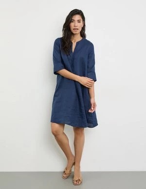 Zdjęcie produktu GERRY WEBER Damski Tunikowa sukienka do kolan z lnu 3/4 w serek Niebieski Jednokolorowy