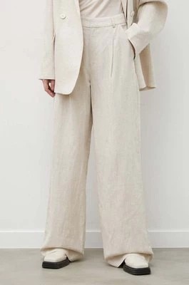 Zdjęcie produktu Gestuz spodnie z domieszką lnu kolor beżowy szerokie high waist 10908814