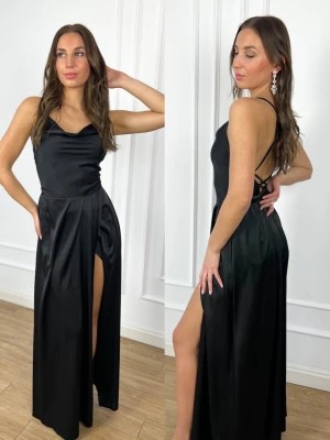 Zdjęcie produktu Glossy sukienka z wiązanymi plecami czarna długa satynowa PERFE