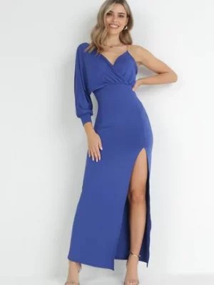 Zdjęcie produktu Granatowa Asymetryczna Sukienka Maxi na Jedno Ramię z Łańcuszkiem Przy Ramieniu Kesilli