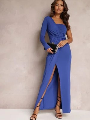 Zdjęcie produktu Granatowa Asymetryczna Sukienka Maxi Zdobiona Drapowaniem Kiari