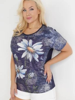 Zdjęcie produktu Granatowa Bluzka Oversize z Metalicznym Nadrukiem w Kwiaty z Cyrkoniami Deqsa