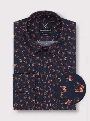 Zdjęcie produktu Granatowa koszula męska w pomarańczowe motyle Pako Lorente