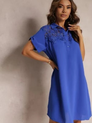 Zdjęcie produktu Granatowa Koszulowa Sukienka z Ozdobną Koronką i Krótkim Rękawem Cinzia
