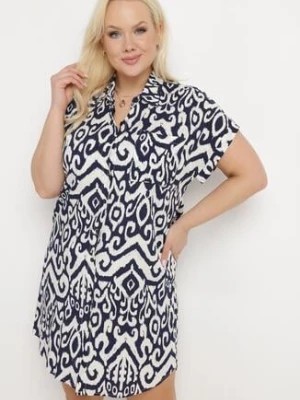 Zdjęcie produktu Granatowa Koszulowa Sukienka z Wiskozy Zapinana na Guziki z Kieszeniami Tritella