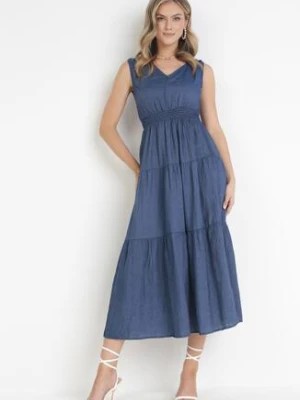 Zdjęcie produktu Granatowa Rozkloszowana Sukienka Maxi z Wiązaniem na Plecach Wakeli