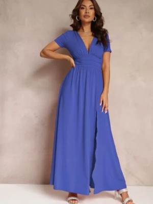 Zdjęcie produktu Granatowa Sukienka Maxi z Rozkloszowanym Dołem i Rozcięciem Zarya
