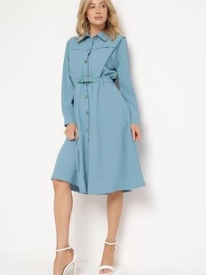 Zdjęcie produktu Niebieska Sukienka Midi z Gumką w Pasie i Dodatkowym Paskiem ze Sprzączką Zawadi