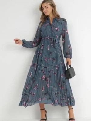 Zdjęcie produktu Granatowa Sukienka Plisowana w Kwiaty Curlina