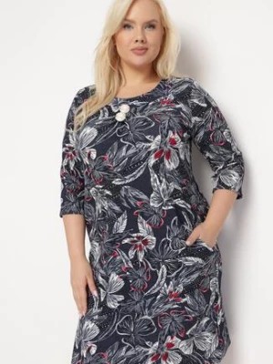 Zdjęcie produktu Granatowa Sukienka Trapezowa z Okrągłym Dekoltem i Kwiatowym Wzorem Aseliasa