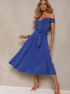Zdjęcie produktu Granatowa Sukienka Wieczorowa Hiszpanka z Materiałowym Paskiem Yellia