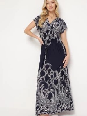 Zdjęcie produktu Granatowa Sukienka z Gumką w Pasie i Kopertowym Dekoltem Pialica