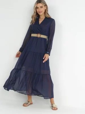 Zdjęcie produktu Granatowa Sukienka z Kopertowym Dekoltem i Plecionym Paskiem Dirmi
