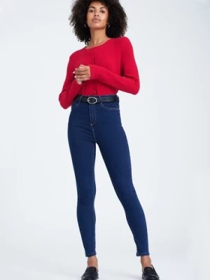 Zdjęcie produktu Granatowe spodnie damskie jeansowe z wysoki stanem Greenpoint