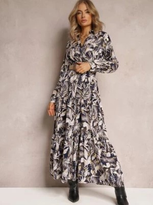 Zdjęcie produktu Granatowo-Beżowa Sukienka Maxi z Kołnierzykiem i Plecionym Paskiem Pertitus