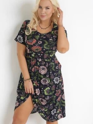 Zdjęcie produktu Granatowo-Ciemnoróżowa Rozkloszowana Sukienka w Kwiaty Pivona