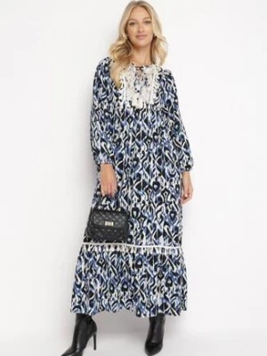 Zdjęcie produktu Granatowo-Niebieska Rozkloszowana Sukienka Maxi z Falbanką Tinamessa