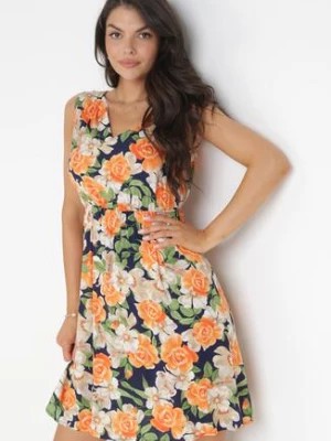 Zdjęcie produktu Granatowo-Pomarańczowa Sukienka Mini z Modnym Printem Wykonana z Wiskozy Nasaya