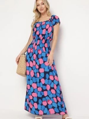Zdjęcie produktu Granatowo-Różowa Bawełniana Sukienka z Gumką Przy Dekolcie i w Talii Pietricea