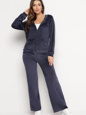 Zdjęcie produktu Granatowy Welurowy Komplet Dresowy Bluza z Kapturem i Szerokie Spodnie Atiferi