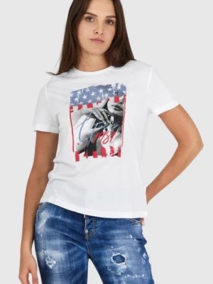 Zdjęcie produktu GUESS Biały t-shirt damski z nadrukiem i wiązaniem na plecach