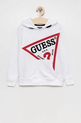 Zdjęcie produktu Guess bluza bawełniana dziecięca kolor biały z kapturem z aplikacją