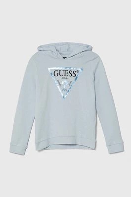 Zdjęcie produktu Guess bluza bawełniana dziecięca kolor niebieski z kapturem z nadrukiem