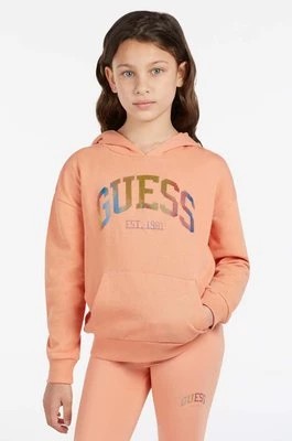 Zdjęcie produktu Guess bluza bawełniana dziecięca kolor pomarańczowy z kapturem z aplikacją