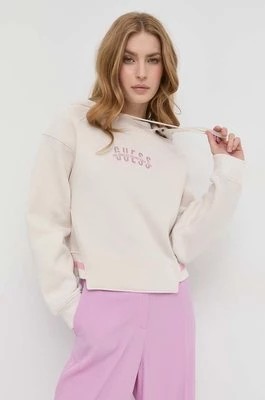 Zdjęcie produktu Guess bluza damska kolor beżowy z kapturem z nadrukiem