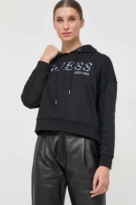 Zdjęcie produktu Guess bluza damska kolor czarny z kapturem z aplikacją
