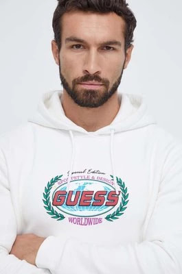 Zdjęcie produktu Guess bluza męska kolor biały z kapturem z nadrukiem