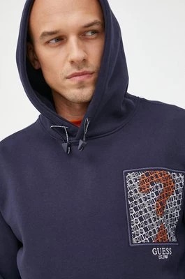 Zdjęcie produktu Guess bluza męska kolor granatowy z kapturem z nadrukiem