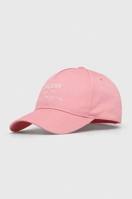 Zdjęcie produktu Guess czapka z daszkiem bawełniana kolor różowy z nadrukiem