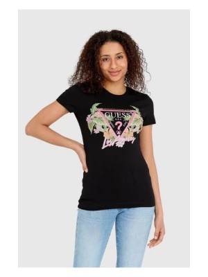 Zdjęcie produktu GUESS Czarny t-shirt damski z logo z kwiatami i dżetami slim fit