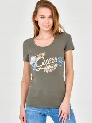 Zdjęcie produktu GUESS Damski zielony t-shirt ze zdobionym logo