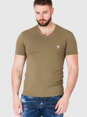 Zdjęcie produktu GUESS Khaki t-shirt męski w serek z elastanem