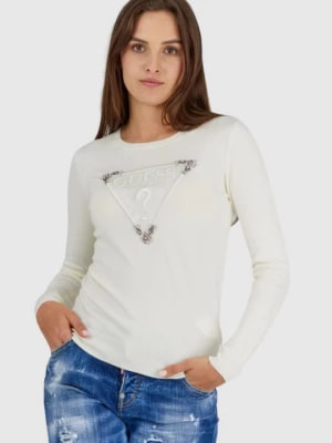Zdjęcie produktu GUESS Kremowy sweterek damski z wyszywanym logo