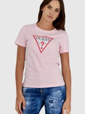 Zdjęcie produktu GUESS Różowy t-shirt damski z trójkątnym logo