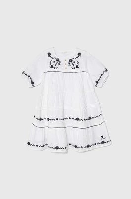 Zdjęcie produktu Guess sukienka bawełniana dziecięca kolor biały midi rozkloszowana
