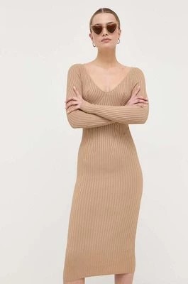 Zdjęcie produktu Guess sukienka kolor beżowy midi dopasowana
