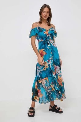 Zdjęcie produktu Guess sukienka z domieszką jedwabiu ELIDE maxi rozkloszowana W4GK37 WE550
