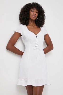 Zdjęcie produktu Guess sukienka z domieszką lnu FEDERICA kolor biały mini rozkloszowana W4GK98 WG7B0