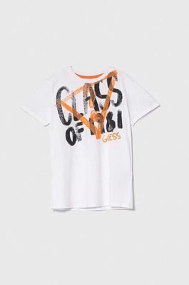 Zdjęcie produktu Guess t-shirt bawełniany dziecięcy kolor biały z nadrukiem